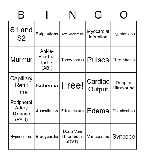 Cardiac Bingo Card