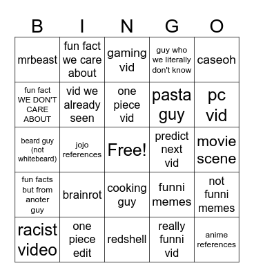 yt shorts bingow Bingo Card