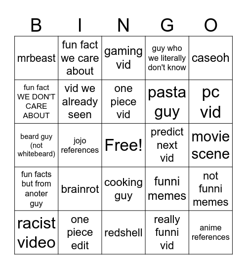 yt shorts bingow Bingo Card