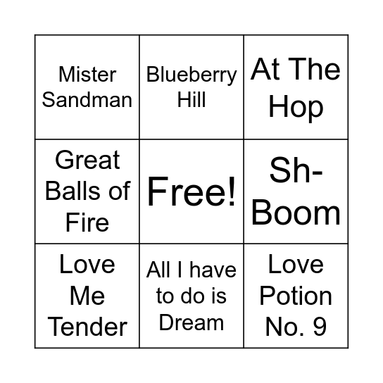 1950's MUSIC BINGO Card