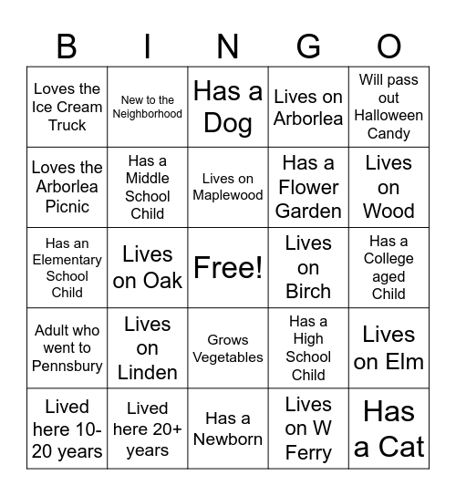 Arborlea Bingo Card