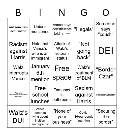 Walz-Vance Debate Bingo Card