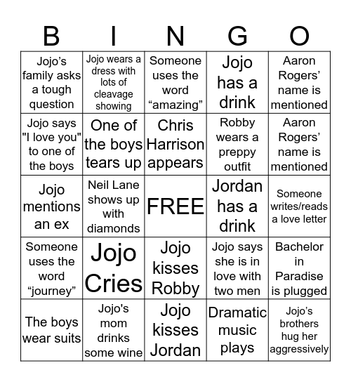 Bachelorette Finale Bingo Card