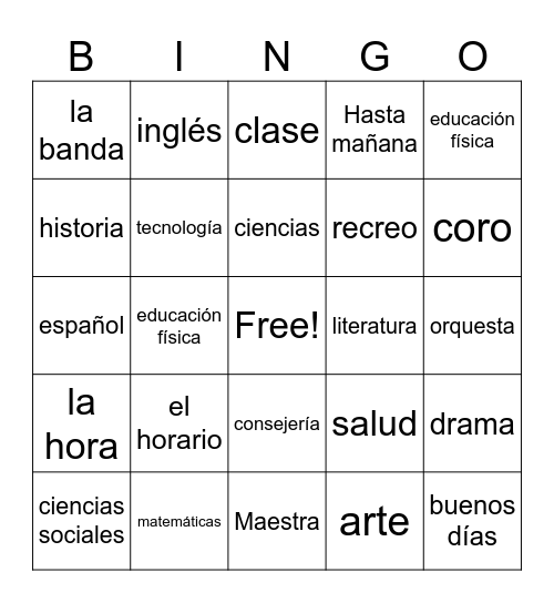 Vocabulario with materias Bingo Card