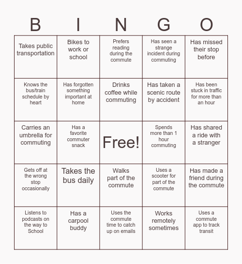 Commuter Bingo Card