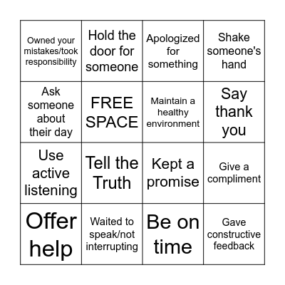 Respect Bingo Card