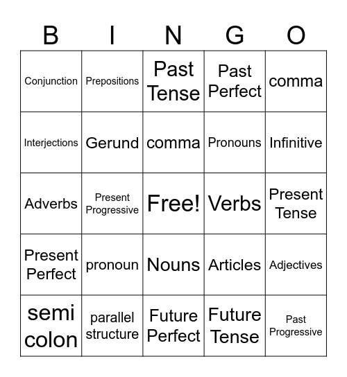 Grammar Bingo Card