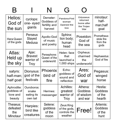 Greek gods and goddesses Bingo Card