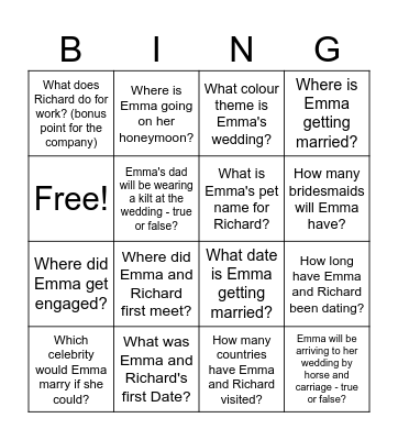 Emma's Bridal Bingo Card