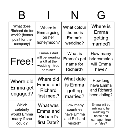 Emma's Bridal Bingo Card