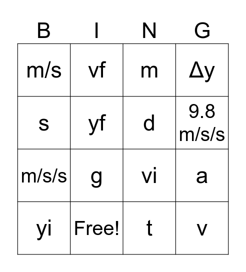 Physics Lingo Bingo Card