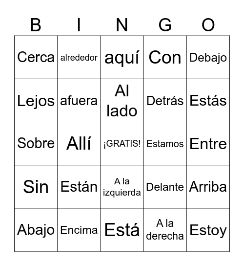 Spanish Prepositions with Estar Bingo Card