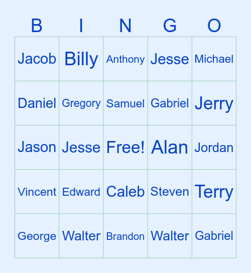 Boy Name Bingo Card