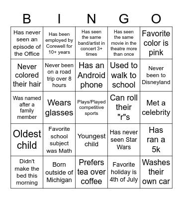 Corewell Health Bingo Card