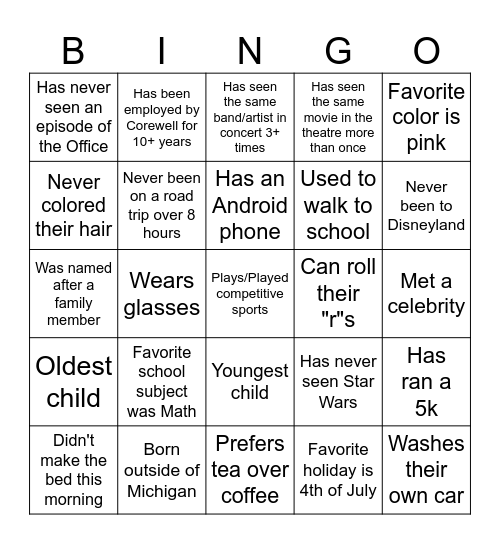 Corewell Health Bingo Card