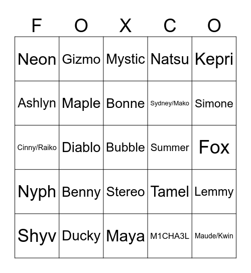 Maple's FoxCo Bingo Card