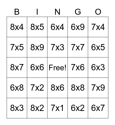 6s, 7s, and 8s facts Bingo Card