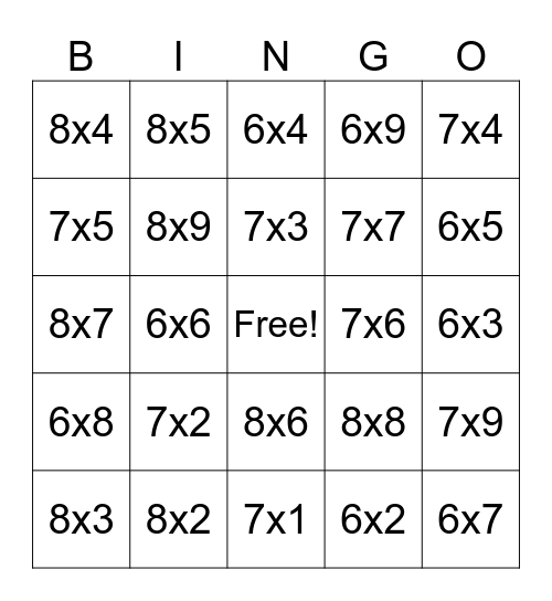6s, 7s, and 8s facts Bingo Card