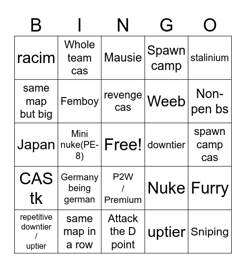 War Thunder Bingo Card