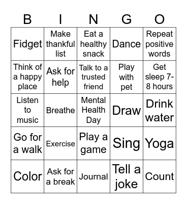 Bingo Coping Skills Bingo Card