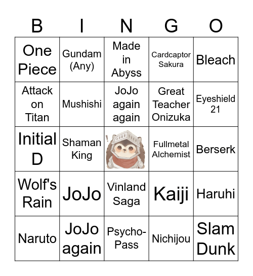 Anime Music Quiz Bingo Card