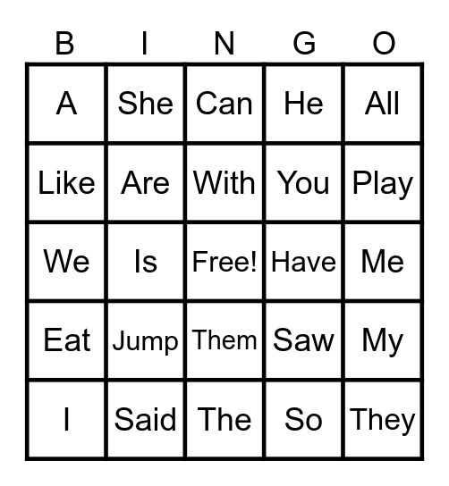 Sight Word Bingo Card