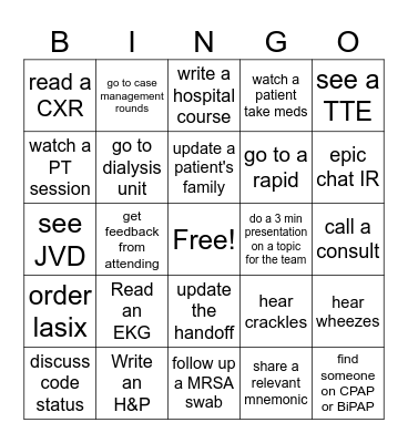 IM Clerkship Bingo Card