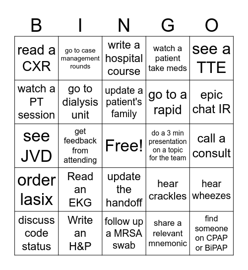 IM Clerkship Bingo Card