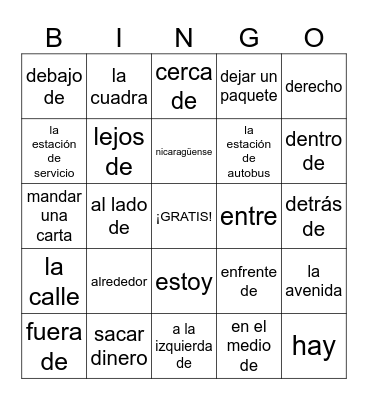 Spanish Prepositions - Sra. Graham Bingo Card