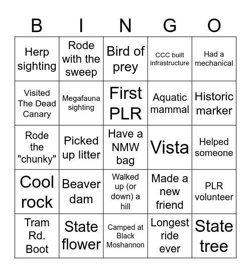 Public Lands Ride Bingo Card