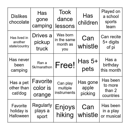 Icebreaker Bingo Card