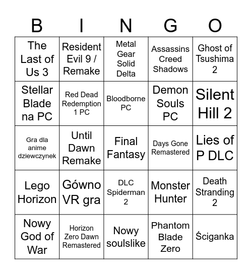 Ostatnia deska ratunku SONY Bingo Card