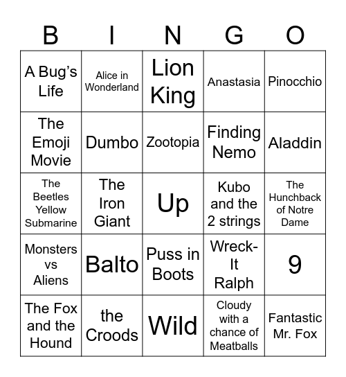 Animated Movies Bingo Card