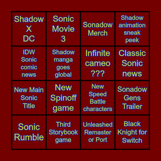 Sonic Central 2024 Bingo Card