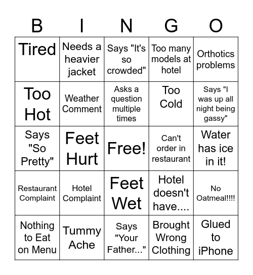 Mom Travel Bingo!!! Bingo Card