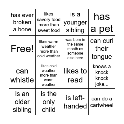Let's Get to Know Each Other! Bingo Card