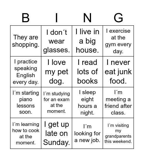 Present Simple vs Present Continuous Bingo Card