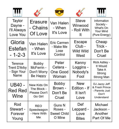 TOP BILLBOARD HITS FROM SEPTEMBER 1988 Bingo Card