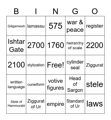 Mesopotamia Bingo Card