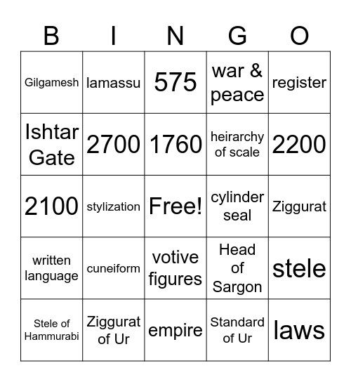 Mesopotamia Bingo Card