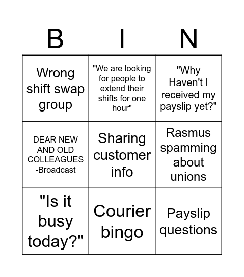 Courier Bingo Card