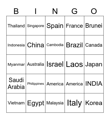 Countries Bingo Card