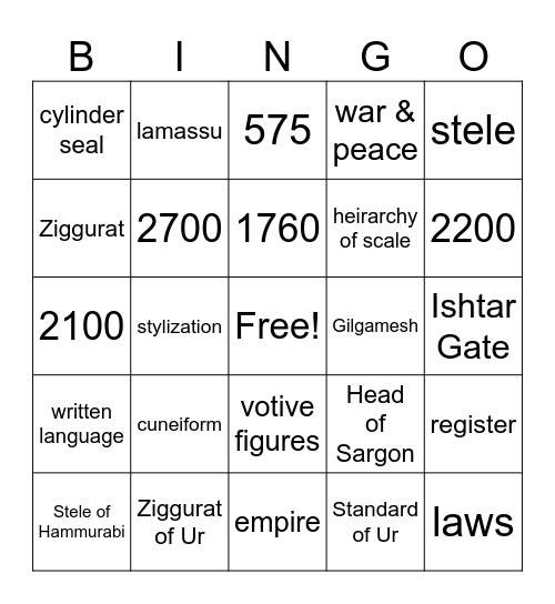 Mesopotamia Bingo Card