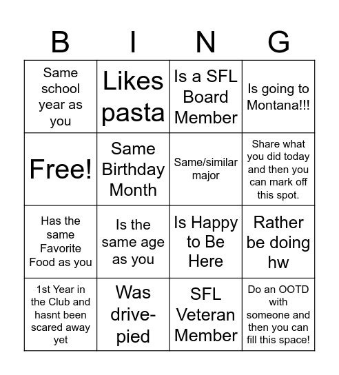 SFL Bingo Card