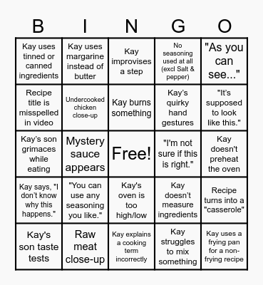 Kays Cooking Bingo Card