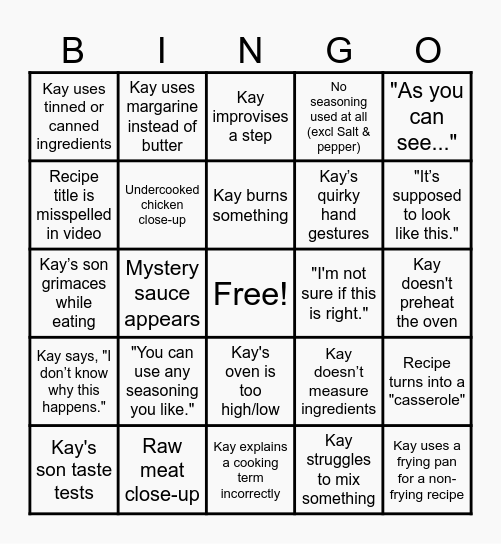 Kays Cooking Bingo Card