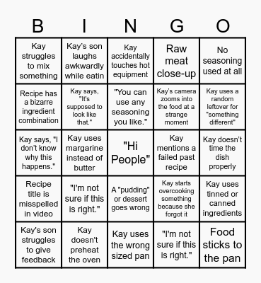 Kays Cooking Bingo Card