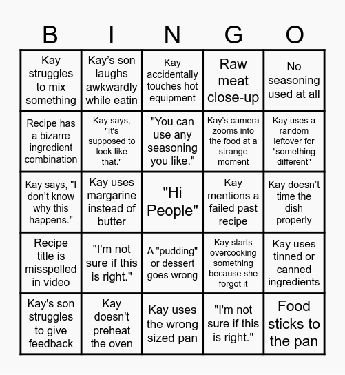 Kays Cooking Bingo Card