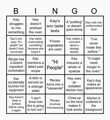 Kays Cooking Bingo Card