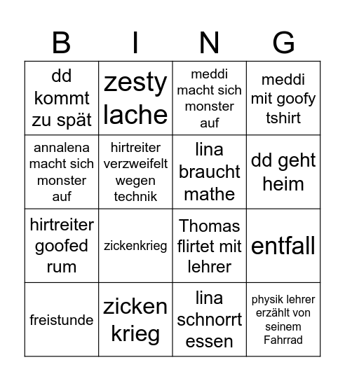 Schul Bingo Card